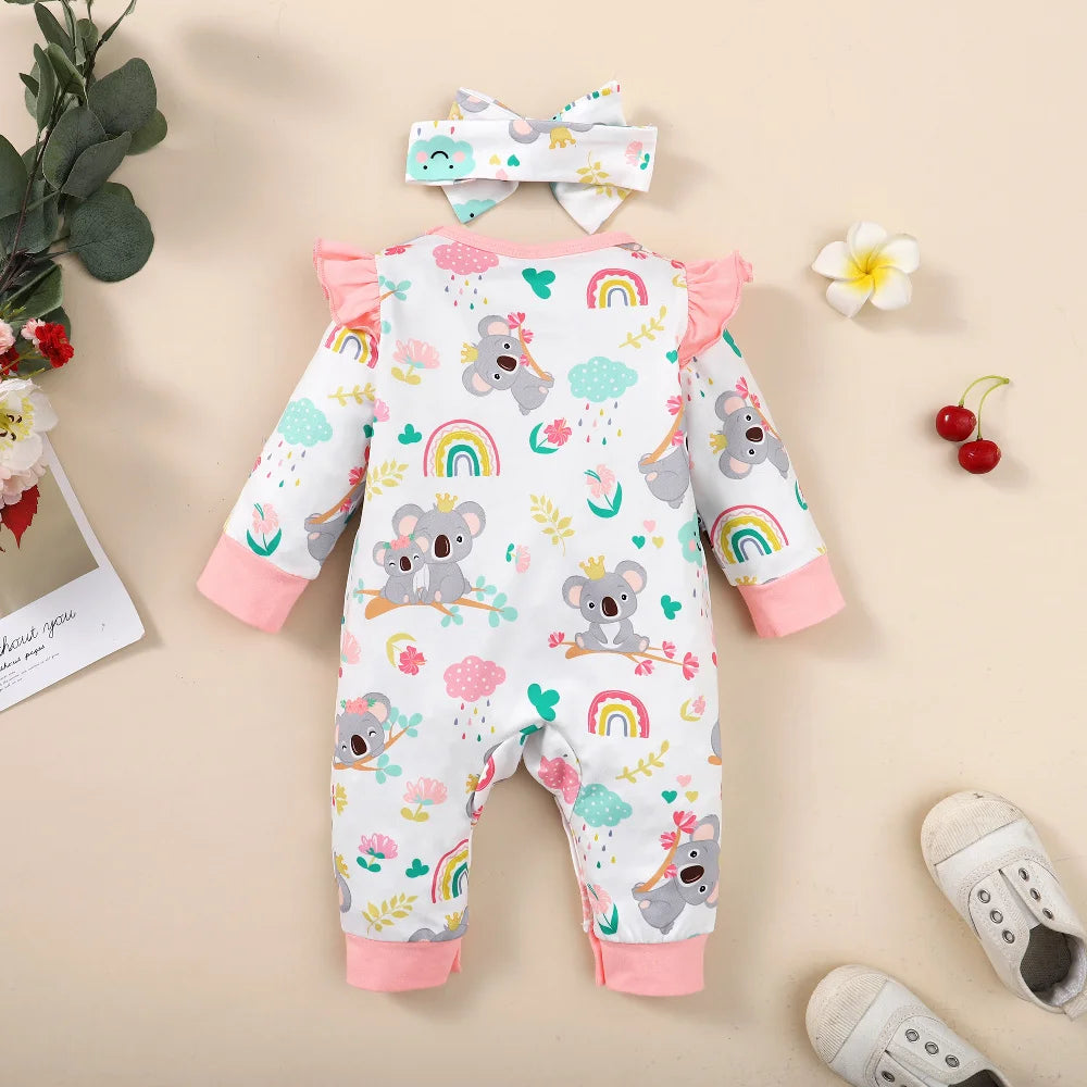 Neugeborenes Baby-Body für Mädchen, süßer kleiner Koala-Body + Stirnband, 2 Stück, passend für 1–12 Monate, Baby-Frühlings- und Herbst-Crawler-Anzug.