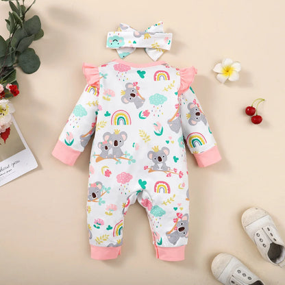 Neugeborenes Baby-Body für Mädchen, süßer kleiner Koala-Body + Stirnband, 2 Stück, passend für 1–12 Monate, Baby-Frühlings- und Herbst-Crawler-Anzug.