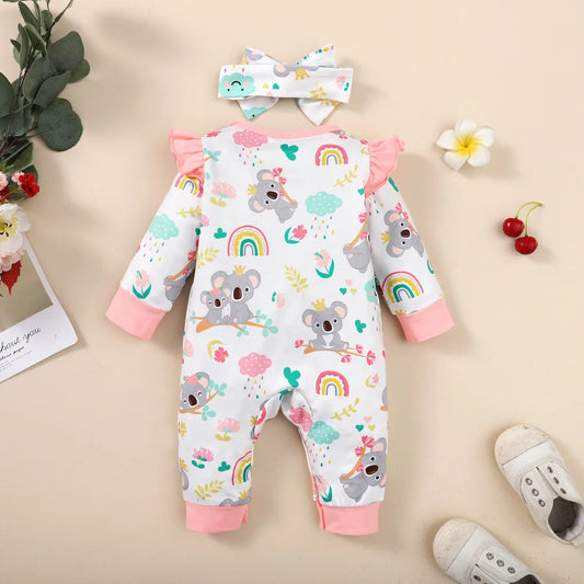 Neugeborenes Baby-Body für Mädchen, süßer kleiner Koala-Body + Stirnband, 2 Stück, passend für 1–12 Monate, Baby-Frühlings- und Herbst-Crawler-Anzug.