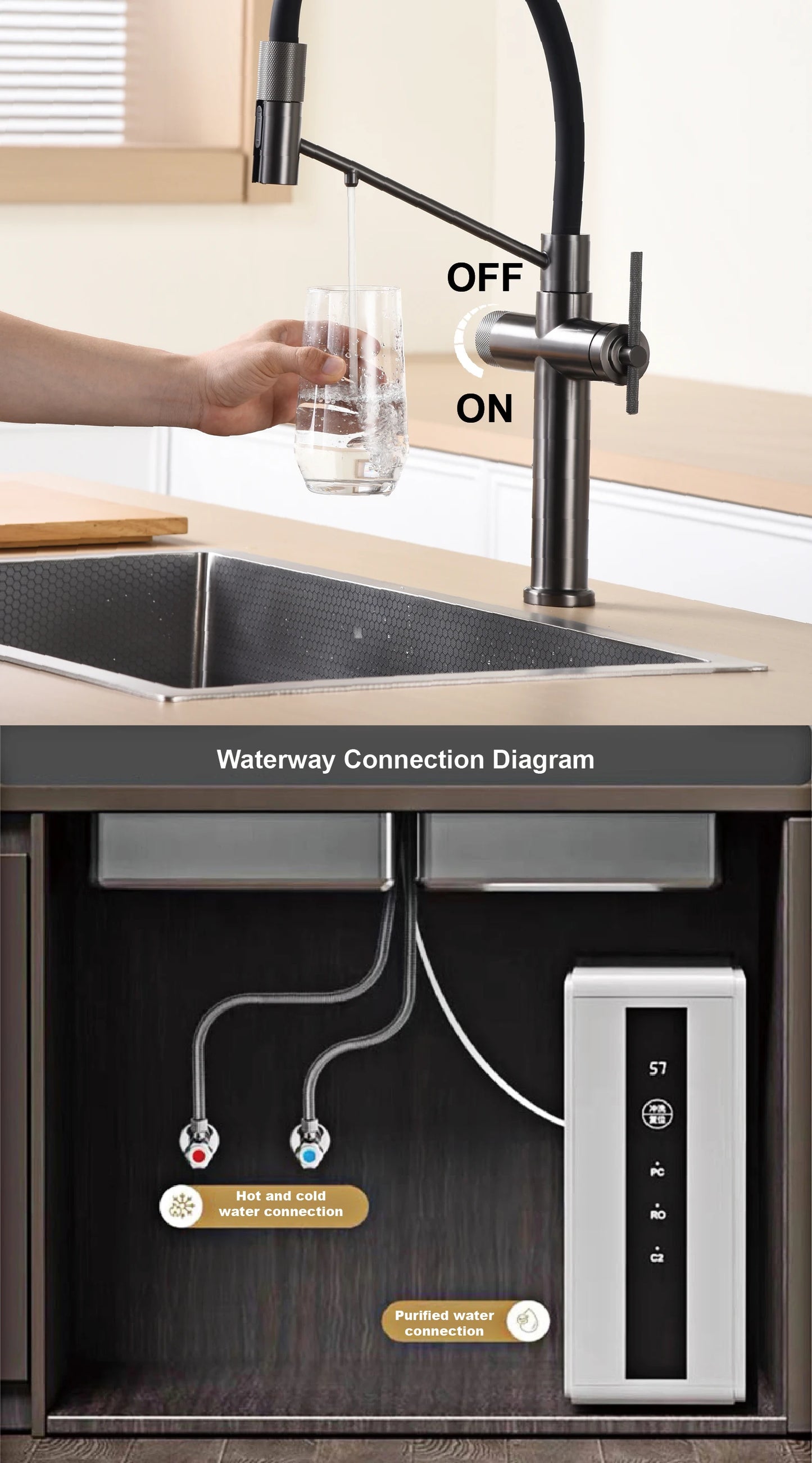 Modern chrome brass pull-out hot and cold water single hole kitchen faucet luxury 2 function drinking water mode sink faucet