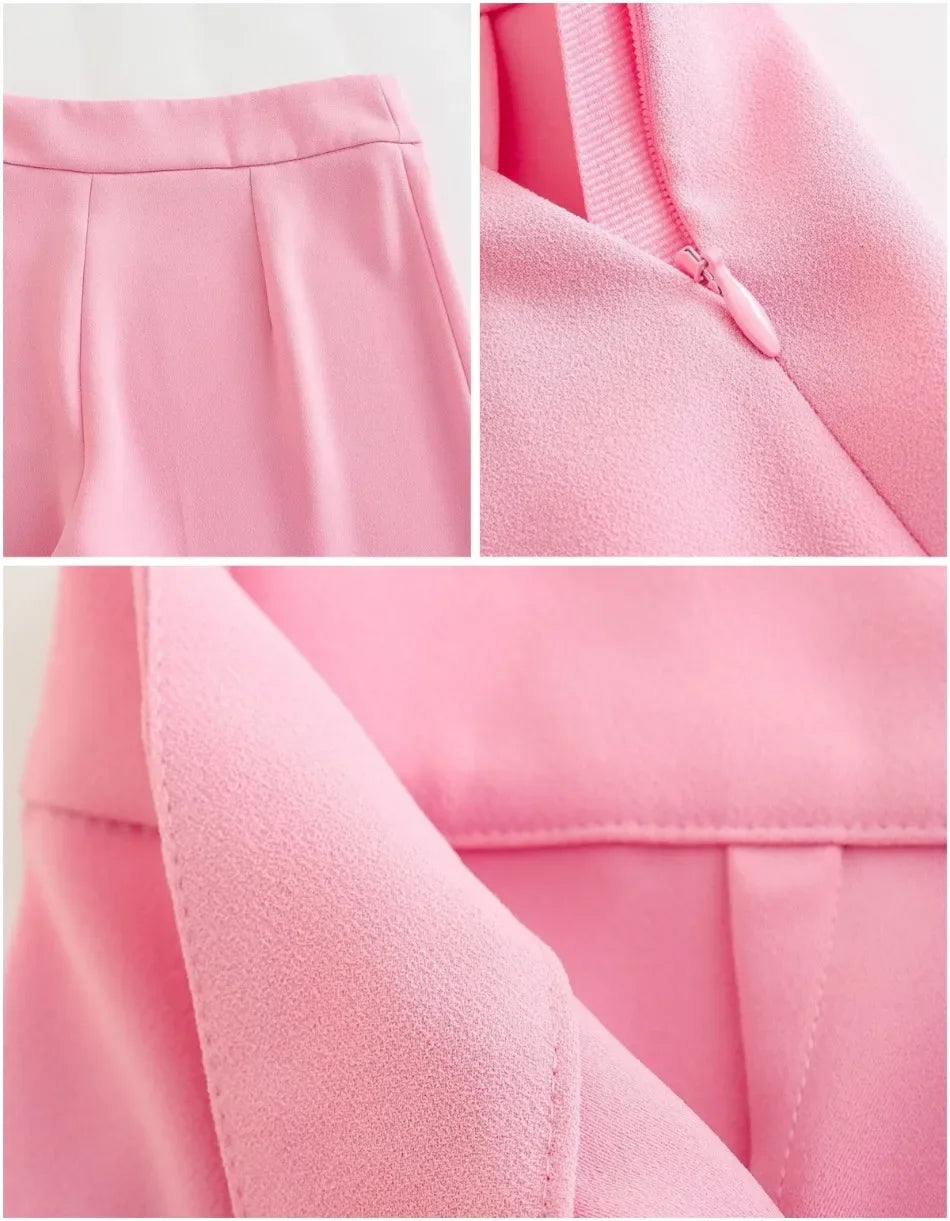 Women's Blazer New Spring Elegant Casual Office Lady Pink Jacket Coat Fashion High Waist Loose Wide Leg Trousers Pant Suit.