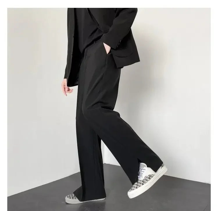 Men's Straight Baggy Casual Pants Korean Slit Personality Suit Trousers Fashion Formal Business Male Streetwear Gray Khaki Black.