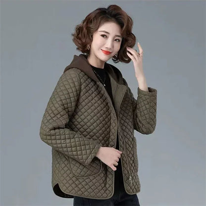 Mode Leichter Baumwolle Gefütterter Mantel Frauen 2025, Neue Herbst Winter Baumwolle Mantel Mit Kapuze Jacke Lose Beiläufige Plaid Parkas Outwear.