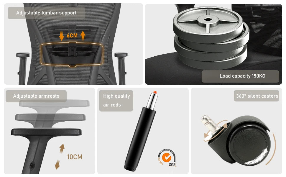 Durrafy Ergonomischer Bürostuhl, Bürostühle, Schreibtischstuhl mit verstellbarer Kopfstütze, Armlehnen, 150 kg Tragfähigkeit, Schwarz