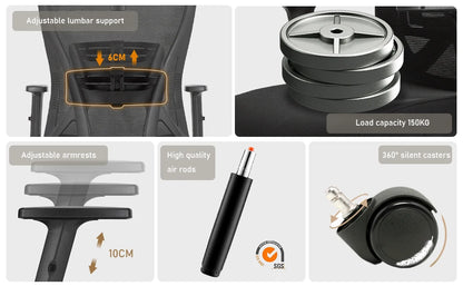 Durrafy Ergonomischer Bürostuhl, Bürostühle, Schreibtischstuhl mit verstellbarer Kopfstütze, Armlehnen, 150 kg Tragfähigkeit, Schwarz