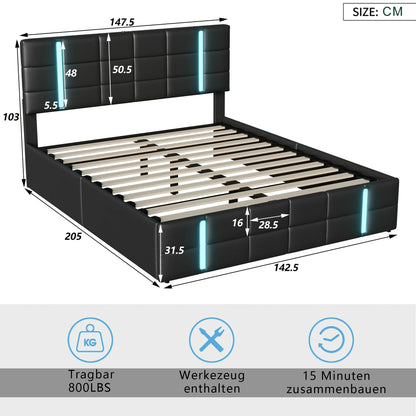 Rosahqnda Polsterbett, Doppelbett 140*200cm/160*200cm, Luftdruckbett mit Stauraum, Erwachsenenbett, Jugendbett, Gästebett, PU