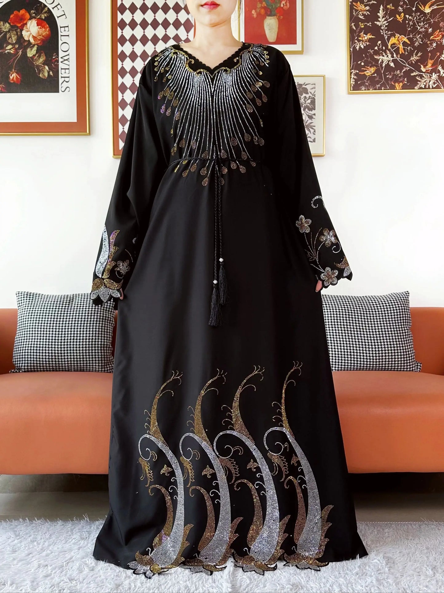 2025Fashion Dubai Diamond Muslim Women Modest Dress Elegant Arabic Femme Hijab Long Sleeve Chiffon Abaya Islamic Turkey Clothing.