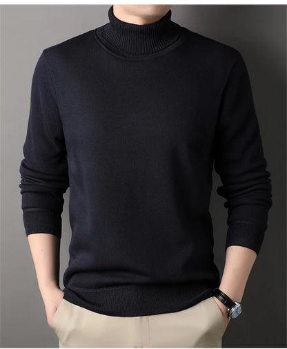 Men's Autumn Winter New Turtleneck Sweater Warm Cozy Solid Color Casual Bottom Knitted Pullovers Male Fashion Knitwear
