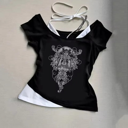 Y2k Aesthetic pattern Vintage Basic Tees Ladies Clothes Retro Graphic Top Short Sleeve Casual T Shirt for Women Millennium style.