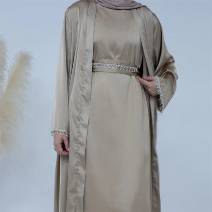 Ramadan Kebaya Chain Satin Kimono 2 Piece Abaya Set Turkey Islam Dress Muslim Sets Abayas For Women Robe Femme Musulmane Kaftan.