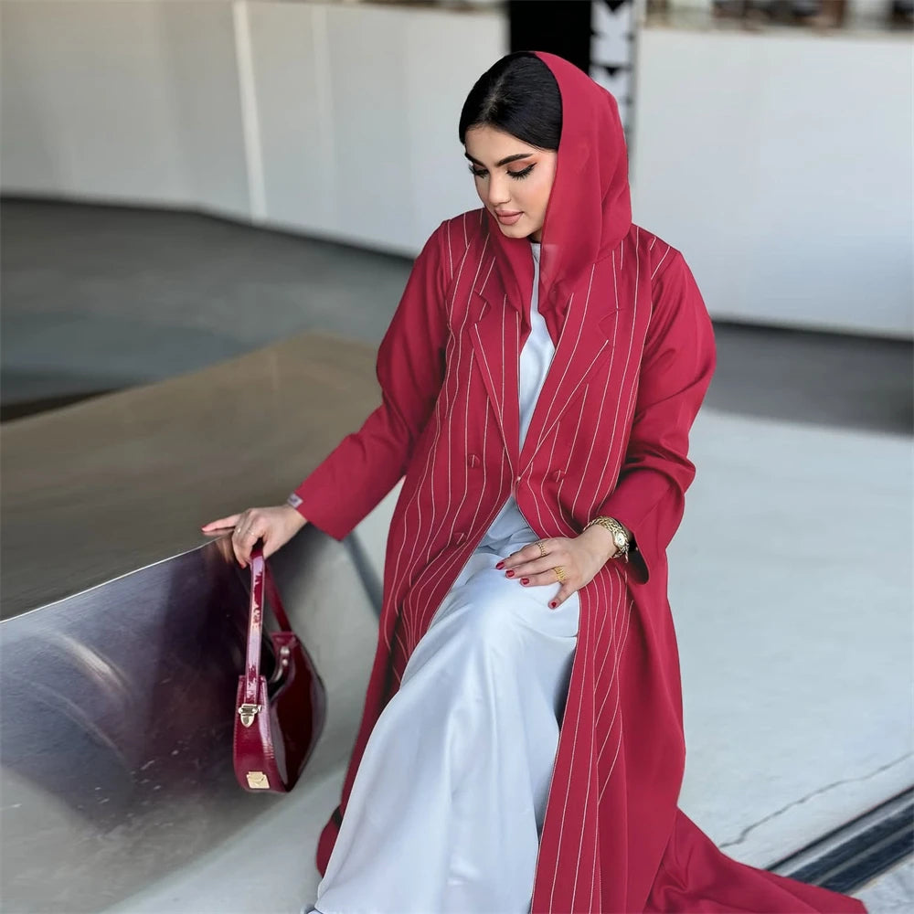 Ramadan Eid Red Kimono Open Abaya Damen Dubai Luxury Islam Muslim Summer Women Kebaya Kaftan Robe Femme Musulmane without hijab.