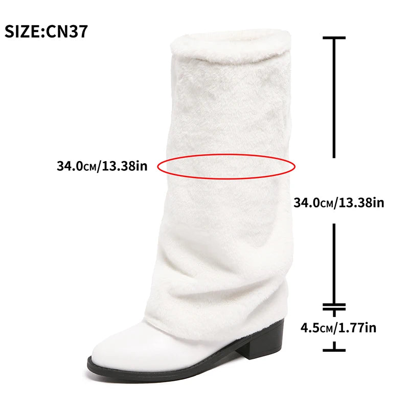 Luxury White Faux Wool Knee High Boots Women Winter Soft Plush Straight Tube Boots Woman Fashion Slip On Block Heel Long Botas.