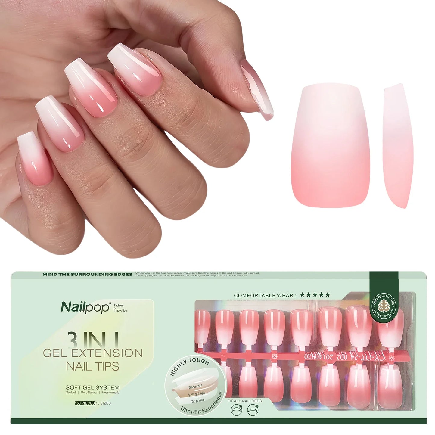 NAILPOP 150Pcs 4 in 1 Ombre Gel Nail Tips White Gradient Soft Gel False Nail Tips Soak Off Fake Nails Extensions DIY 15 Sizes