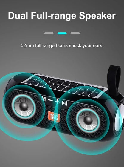 T&G TG182 Solar Charging Portable Stereo speakers Wireless Bluetooth With Mic Outdoor Loudspeaker Waterproof FM Radio Soundbar.