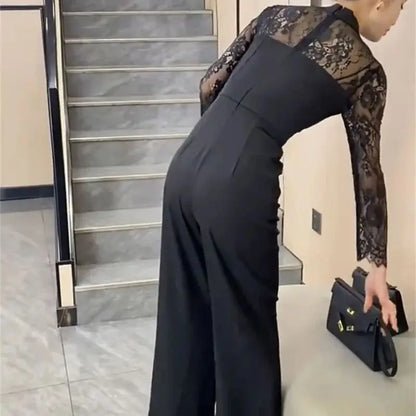 BESTBAFU Sexy Lace Patchwork Sheer Jumpsuit Women  Spring Elegant Office Formal Outfit Black High Waist Wide Leg Romper 126P.