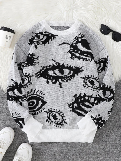 New Popular Autumn and Winter Abstract Eye Jacquard Pattern Pullover Sweater Casual Round Neck Knitted Men's Pullover.