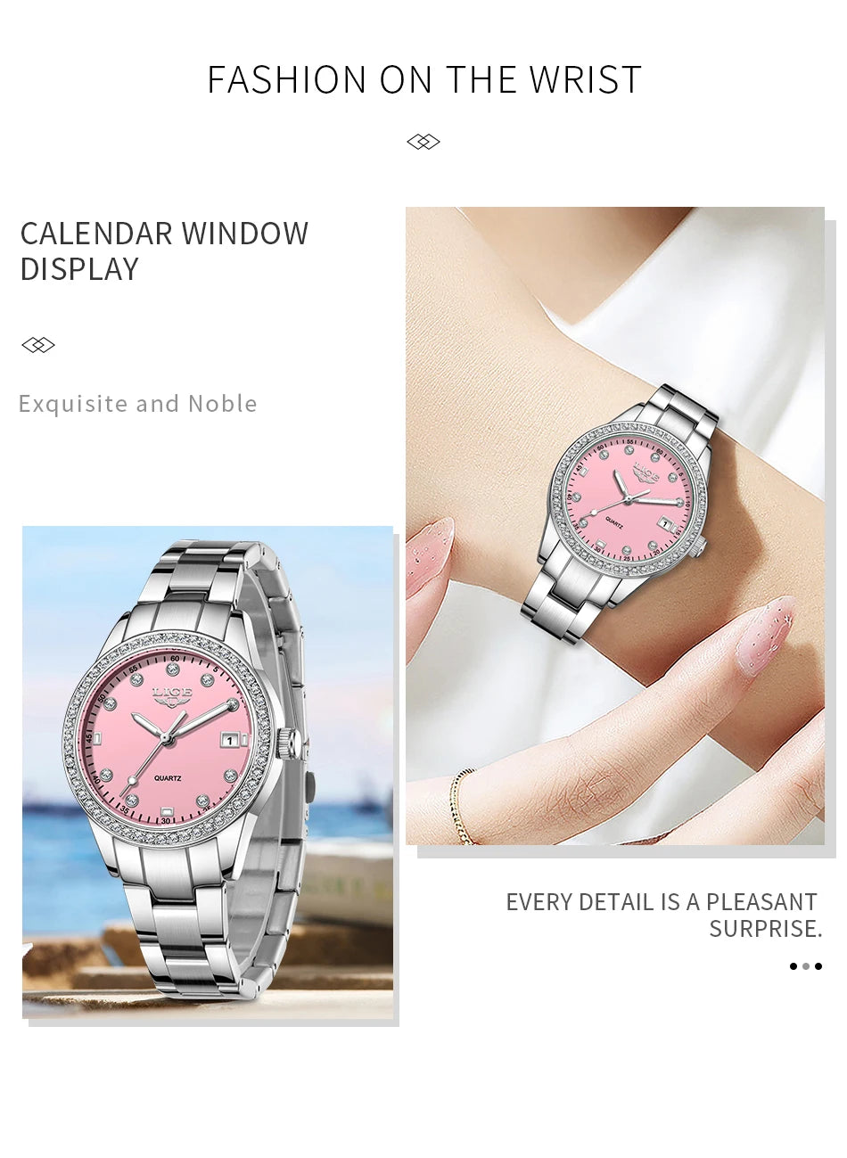 LIGE 2025 Diamond Women's Watch Fashion Elegant Quartz Wristwatches Waterproof Steel Strap Watch For Ladies Gifts Reloj Mujer.