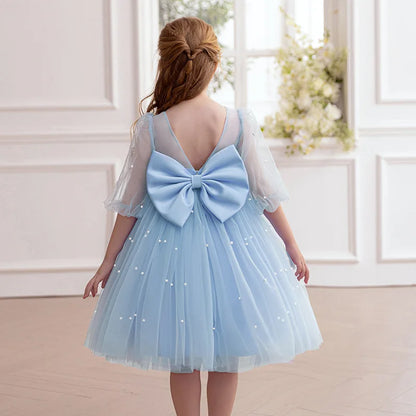 Kinder Kleider V-Rücken Große Schleife Perlen Prinzessin Kleid Geburtstag Party Tüll Kleid Für Mädchen Leistung Hochzeit Prom Flauschigen kleid.