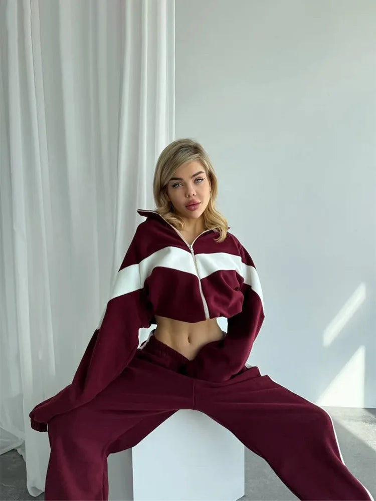 Women's Ready Zip Front Set Street Style Lightweight Hoodie & Pants Two Piece Sports Casual Fashion Loose Outdoor Outfit.