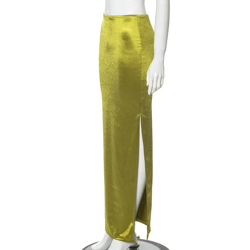 2025 Autumn Stain Long Solid Color Skirt Women Elegant High Waist Side Split Maxi Skirts Party Sexy Clothes for Female