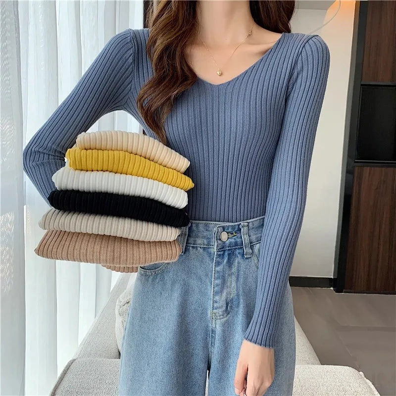 2025 einfarbig Schlank Pullover Koreanische Herbst Winter V-ausschnitt Pullover Mode Lässig Langarm Gestrickte Pullover Frauen Kleidung.