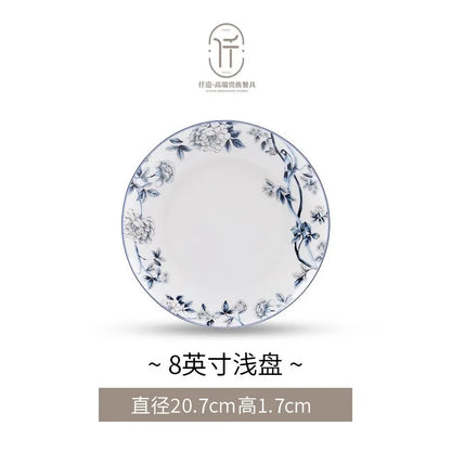Blue Peacock Bone China Dining Plate Blue and White Kitchen Tableware Flower Ceramic Tableware Home Dining Bar Main Course Plate.