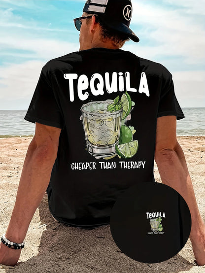 New Summer Tequila Cheaper Than Therapy Meme Graphic Cotton T-shirt For Men Short Sleeve Outdoor Streetwear Casual Unisex Tops.