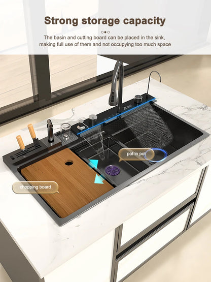 Various Waterfall kitchen Sink  Stainless Steel Multifunctional Large Single Slot Digital Display Sinks