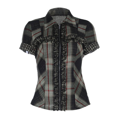 Summer Women Short Sleeve Crop Shirt Gyaru Plaid Blouse Coquette Y2k 2000s Tops Design Gyaru Harajuku Vintage Tide New In 2025.