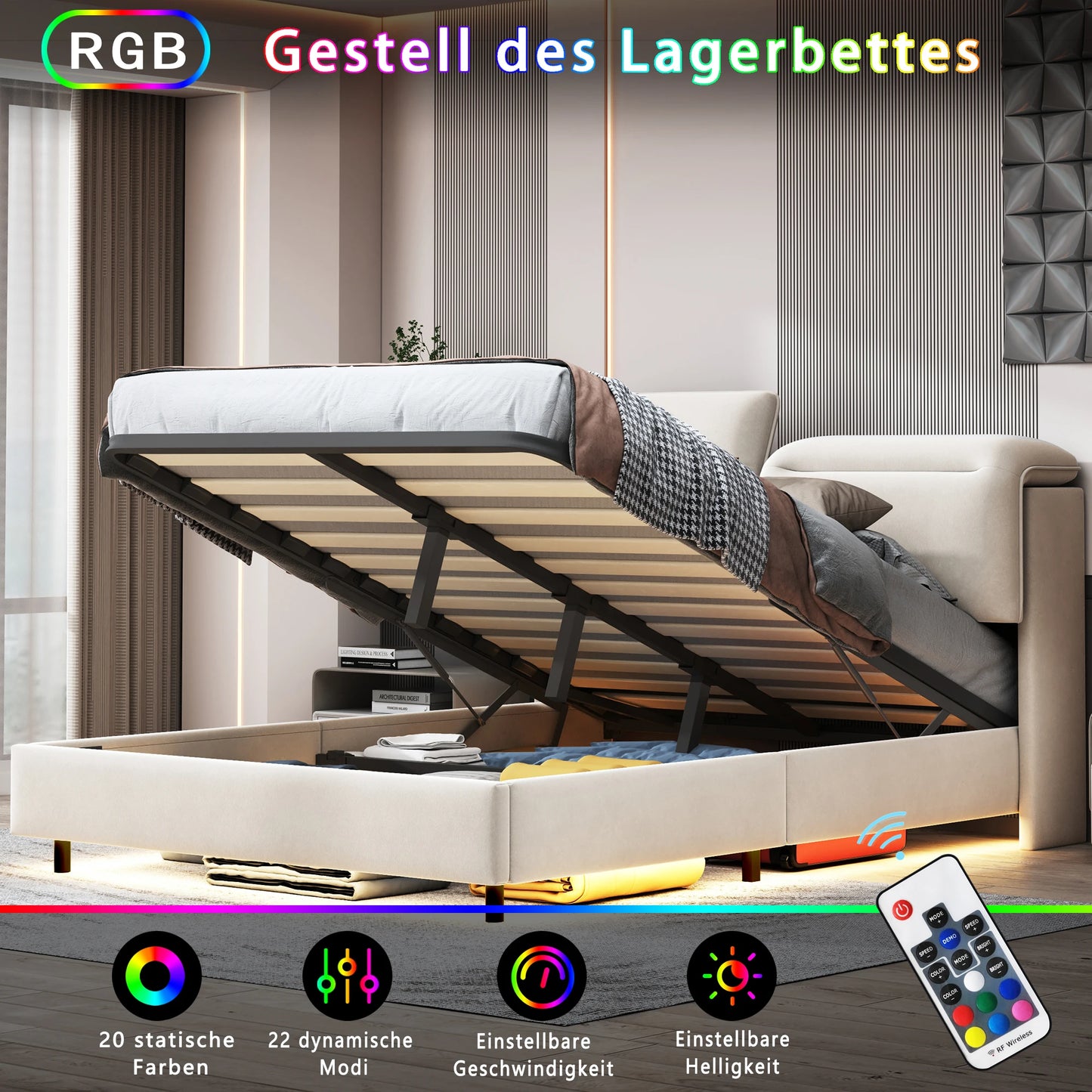 Creahappy – Weich gepolstertes Doppelbett – mit faltbarem, verstellbarem Kopfteil – hydraulischer Stangenbettrahmen – LED-Streifenbeleuchtung unter dem Bett