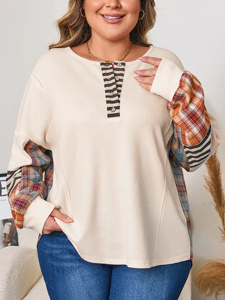 GIBSIE Plus Größe Taste Vorne Oansatz Plaid Sweatshirt Frauen Herbst 2025, Neue Tropfen Lange Hülse Lose Beiläufige Pullover Tops.