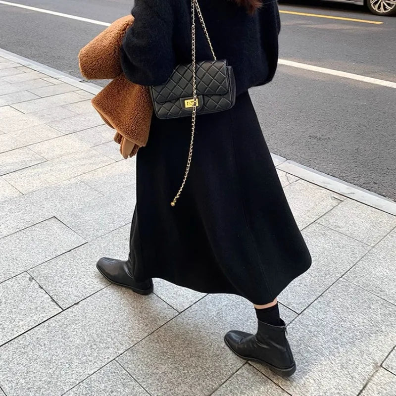 Thick Hepburn Style Woolen Pleated Skirt High Waist Slimming Casual Half Skirt Women Autumn Winter Unique Long Skirt.