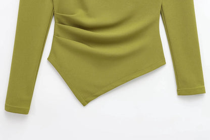 HH Women Fashion Solid 5-Color Asymmetrical Slant Collar Tops Female Spring Pleated Decoration Casual Slim Elasticity Top.