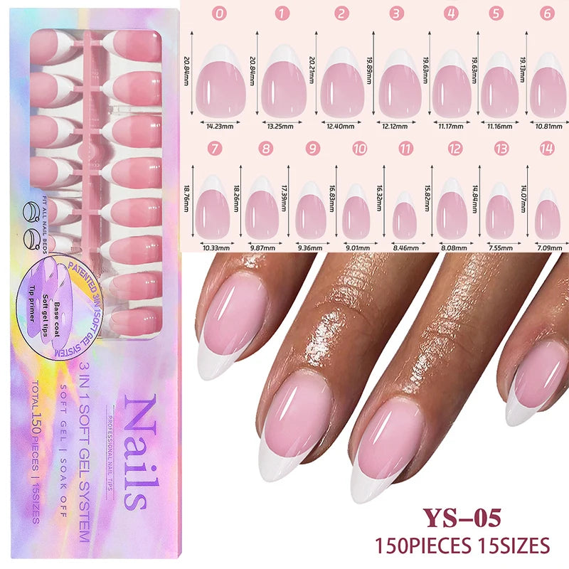 150Pcs/Box Acrylic Press on Nails Full Cover Fake False Tips Soft Gel Extension T-shaped Oval Capsule Almond Sculpted Salon DIY
