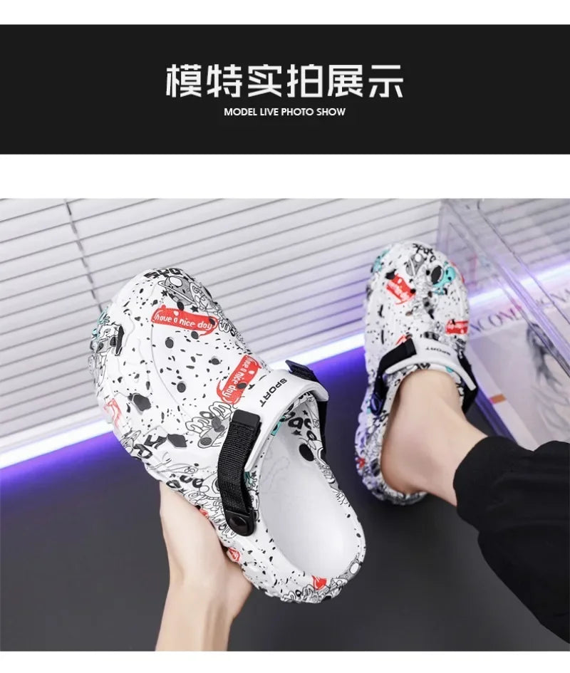 Plus Size 47 Men's Clogs 2025 Summer Sandals Beach Slippers Flat Sandals Men Leisure Slides Creative Printing Man Casual Shoes.