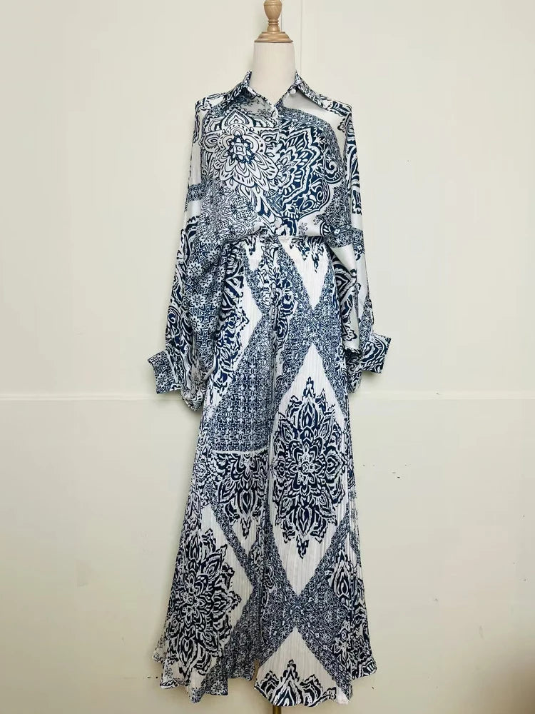 Designer's retro geometric print loose shirt two-piece set for Spring 2025 women's wear + pleated wide-leg pants fashion set.