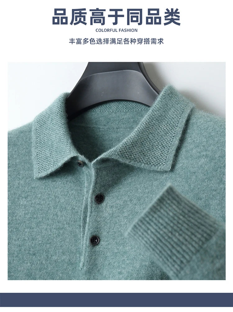 LHZSYY 100%Merino Wool Hot Cardigans Men Lapel Pullover Long Sleeve POLO Neck Sweaters Loose Tops Knit Clothing Large Size Shirt.