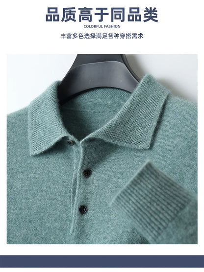 LHZSYY 100%Merino Wool Hot Cardigans Men Lapel Pullover Long Sleeve POLO Neck Sweaters Loose Tops Knit Clothing Large Size Shirt.