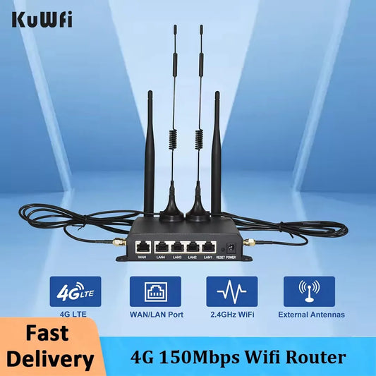 KuWFi 4G LTE WiFi Router 2.4G CAT4 300Mbps RJ45 Port Support VPN DDNS Firewall Function Wall-Mounted External 4pcs Antennas.
