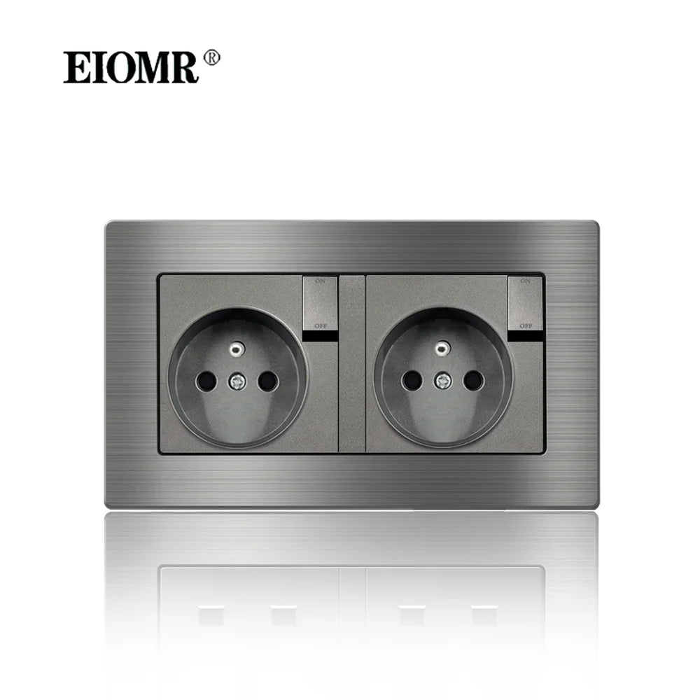 EIOMR Frankreich Standard-Steckdose, graue Aluminiumlegierung, Lichtschalter, RJ45, Fernseher, 220 V, 16 A, Wandsteckdosen für Haushaltsgeräte