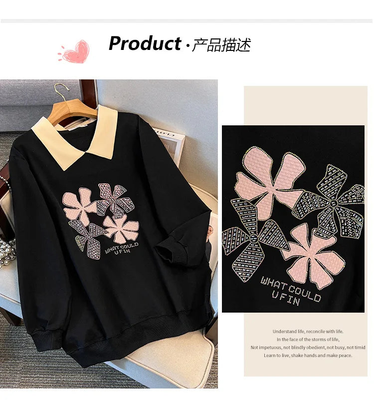 170 kg Plus Size Damen-Büste 170 Frühling Herbst Loose Diamond Collared Sweatshirt Schwarz 4XL 5XL 6XL 7XL 8XL 9XL.