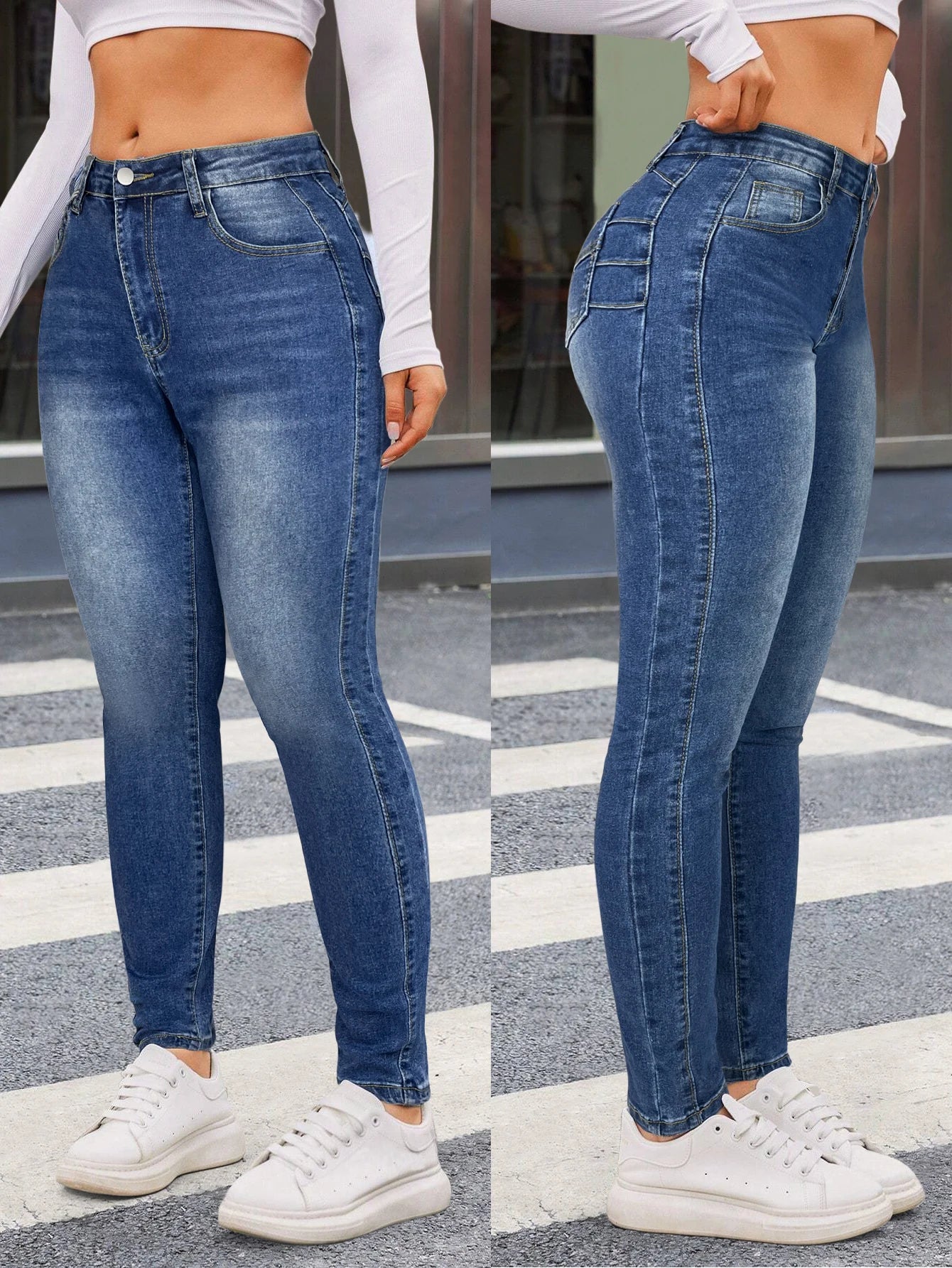 Retro Street Skinny Whisker Washed High Stretchy Jeans Women's Mid-Rise Front Button Slant Pockets Seam Design All Season Jeans.