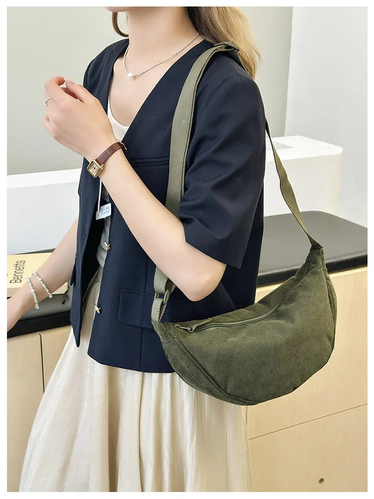 Solid Color Corduroy Women's Hobos Shoulder Bag Retro Casual Female Crossbody Bags Ladies Daily Travel Handbags Messenger Bag