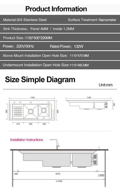 ASRAS 11550 NJH Large Size Smart Purifying Kitchen Sink Handmade Step Sink Ultrasonic Smart Purifying Kitchen Island Sinks