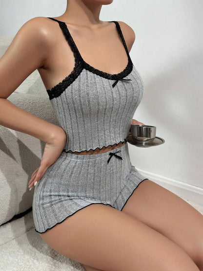 Frühling Sommer frauen Sexy Nachtwäsche Gestrickte Zwei-stück Pyjamas Set Spitze Ärmel Leibchen Pijama Mujer Casual Homewear Outfit