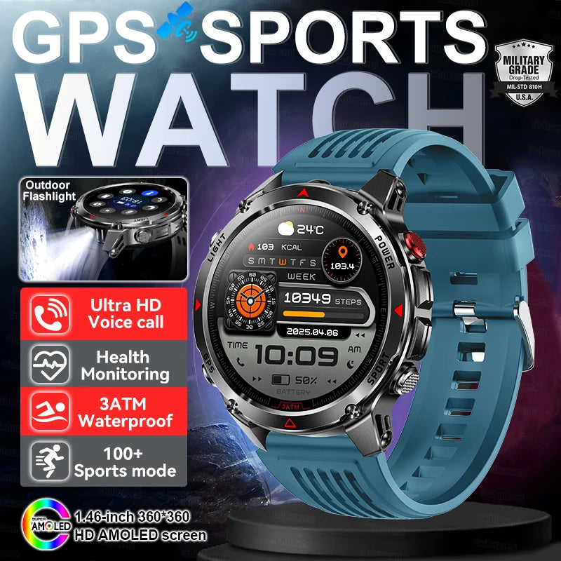 2025 New Outdoors Sports Military GPS Smart Watch 3ATM Waterproof Built-in Dual-Band GPS Compass Altimeter Swimming Smartwatches