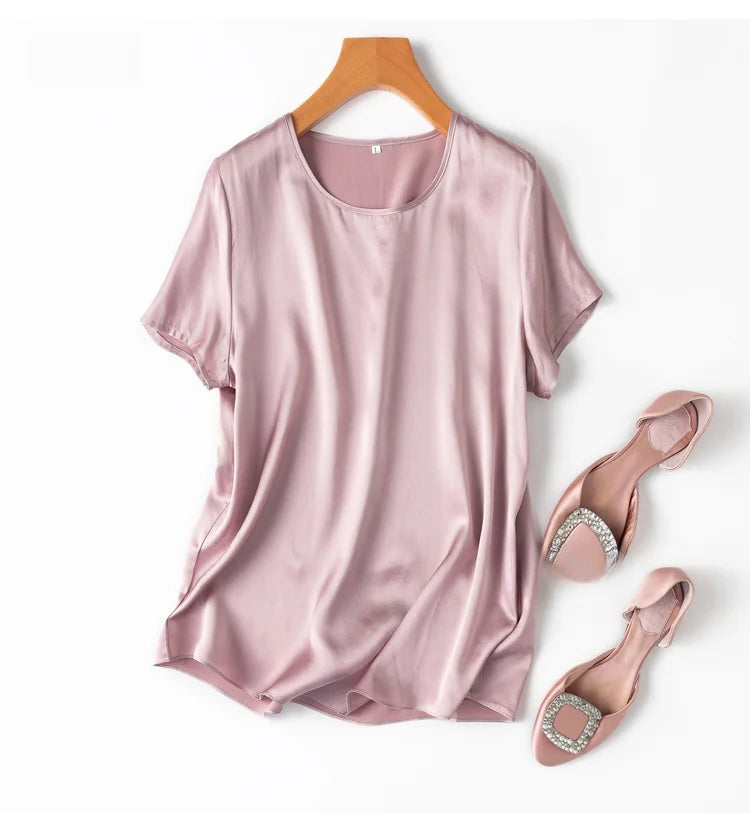 Women 100% Mulberry Silk 19 Momme half sleeve Crew Neck Top Shirt Blouse T-shirt More Colors M L XL MM4270