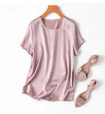 Women 100% Mulberry Silk 19 Momme half sleeve Crew Neck Top Shirt Blouse T-shirt More Colors M L XL MM4270