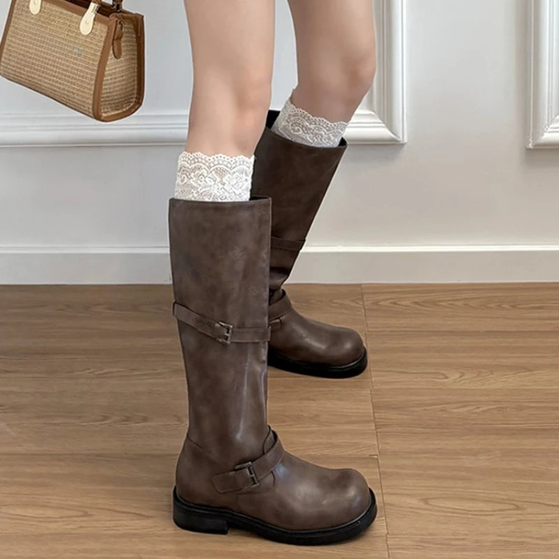 Vintage Belt Buckle Women Knee High Boots Elegant Low Heel Slip On Shoes Autumn Winter Ladies Knight Long Booties.