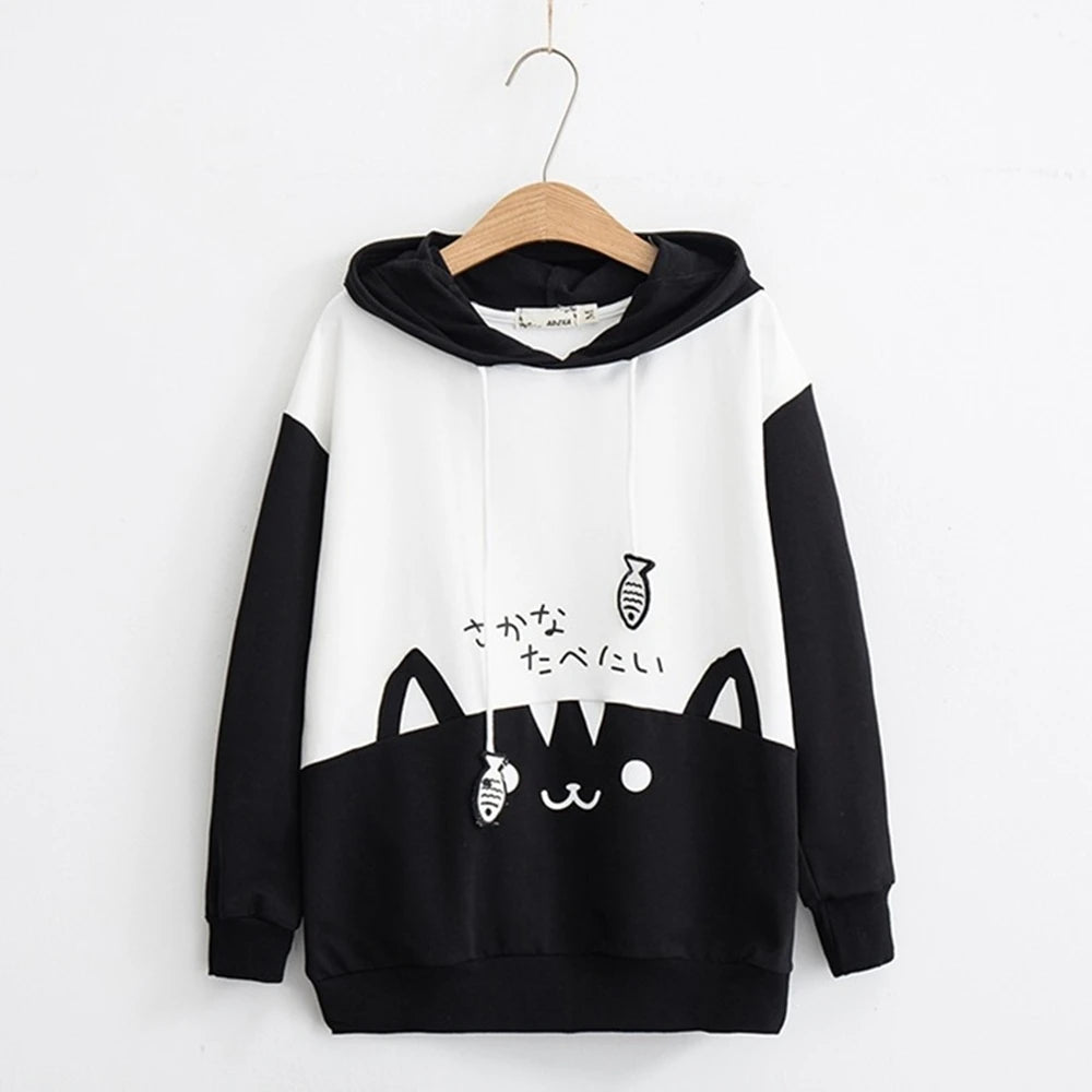 Spring Ladies Long Sleeve Cat Sweatshirt Womens Casual Kitty Cat Print Pocket Thin Hoodie Blouse Top Shirt худи женское платье.